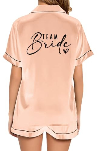 JPHCHSC Women Team Bride Pj Set Two Piece Bachelorette Party Silk Pyjama Hen Party Bride Sleepwear Button-down Nightwear Wedding Female Pyjamas 24