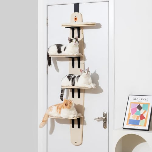 MEWOOFUN Kattträd, dörrmonterad kattklättrare, katthyllor, kattstege med avtagbar mjuk matta, 4 nivåer över dörren katt klättrare för inomhuskatter (trä – 170 cm H x 60 cm L x 20 cm B)