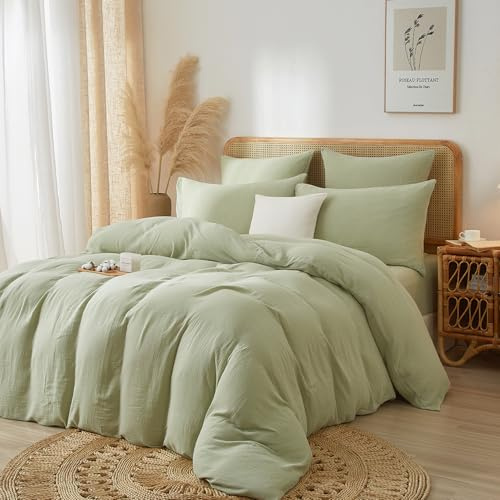 DXHOME Ropa de cama de 200 x 200 cm, muselina verde lisa, ropa de cama de algodón de verano reversible, transpirable, funda nórdica refrescante con cremallera y 2 fundas de almohada de 80 x 80 cm