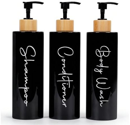 Dispensador Jabon Baño | Set de 3 Botes para Gel Champu y Acondicionador 500ML con Detalles de bambú | Este Dosificador Jabon Baño es Elegante y Realzará el Estilo de tu hogar (Negro)
