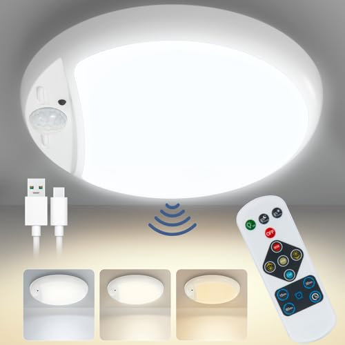 DEEPLITE Battery Operated Ceiling Light Rechargeable Battery Motion Sensor Light with Remote, Wireless Shower Light 600LM,10000mAh Battery Operated Closet Lights for Bathroom, Stairs, Hallway, Garage.