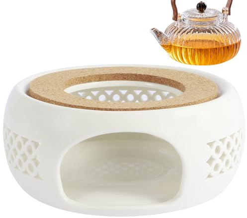 Ceramic Teapot Warmer Hollow Coffee Food Warmer with Cork Cushion Tea Light Warmer Tea Pot Warmer Base for Glass Teapot and Other Heatproof Dish Warming Use