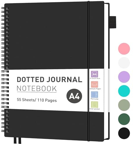 RETTACY Anteckningsbok A4 prickig, bullet journal, lätt collegeblock, 110 ark/55 sidor att skriva, 100 gsm, PVC-bok, för kvinnor och män arbete kontor, 21,5 x 27,9 cm – svart