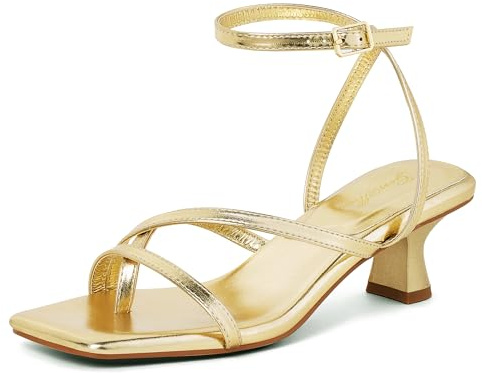GENSHUO Sandali con Tacco Basso da Donna con Cinturino alla Caviglia e Punta Quadrata Aperta, Comode, Sexy e Carine, Scarpe da Festa per Matrimonio, Oro, 42 EU