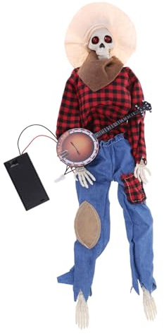 Xinsheinelry Squelette de banjo animé, statue de crâne, mouvement animé/musique activée par le son, banjo multilingue