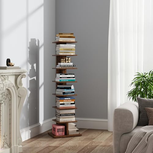 TUTOTAK Vertical Bookshelf, 8-Tier Bookcase, Narrow Spine Book Shelf for Small Space, Corner Standing Shelf for Living Room, Office, Study, Entryway, Rustic Brown BS06BB008EU