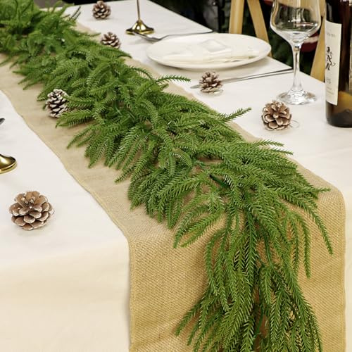 6Ft Real Touch Norfolk Pine Garland with Velvet Bow, Artificial Christmas Faux Greenery Decoration for Outdoor Indoor Mantel, Fireplace, Staircase, Table, Window, Front Door, Holiday Home Decor