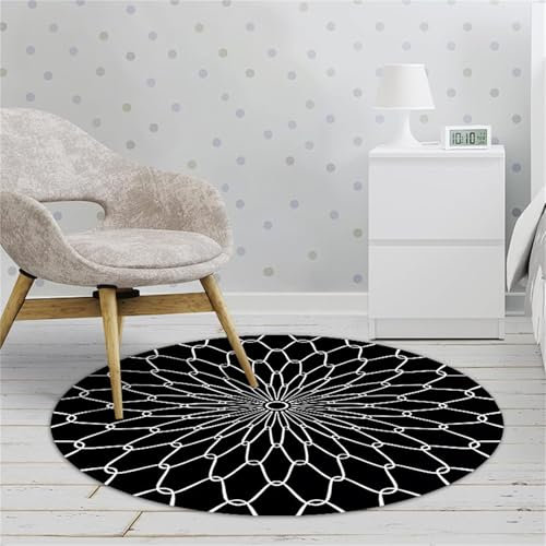 Hearda Einfaches Schwarz-Weiß Teppich Rund Reppich Schlafzimmer, Waschbarer Innenbereich Runder Teppich, rutschfest Flur Carpet, fürs Wohnzimmer, Büro Dekorieren (Schwarz,120cm)