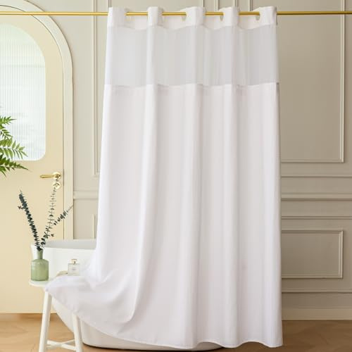 Yofori Hookless Shower Curtain with Snap in Fabric Liner Set, Waffle Shower Curtain with See Through Top Window Wet Room Shower Curtains for Bathroom, White, 183x183cm