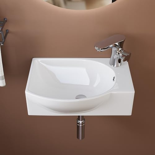 DeerValley Lavabo, 40 x 28 cm Mini Lavabo de Pared, Lavabo de Cerámica para Manos con más Espacio Útil para Baño, Autocaravana y Todas las Pequeñas Habitaciones – Blanco, Orificio para Grifo a la