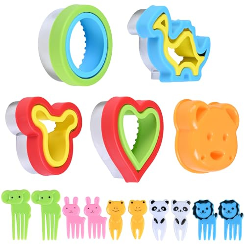5 Piezas Moldes Sandwich Niños con 20 Palillos de Frutas Cortadores Sandwich Infantil Cortadores de Galletas de Acero Inoxidable, para Fondant, Tartas, Galletas, Sándwiches