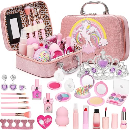 DCMAMA Washable Non-Toxic Kids Makeup Kit for Girls- Real Makeup Sets for Girl 5-8,Princess Toys Cosmetics Set with Mirror,Perfect for 3 4 5 6 7 8 Year Old Girls Birthday