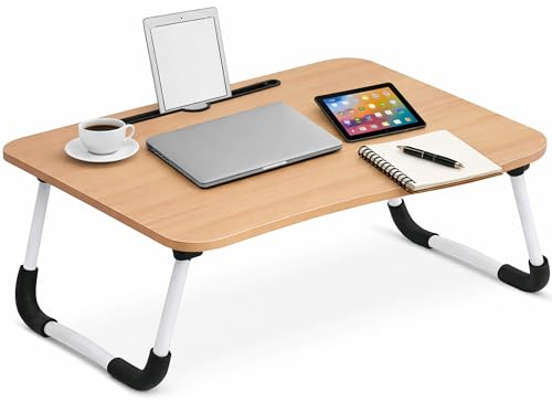 PECZEKO laptopbord vikbart – laptopstativ med surfplattehållare, frukostbricka av trä, bord för soffa och säng, multifunktionellt laptopbord för arbete, lärande, läsning och mat, 1 st trä