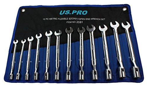 US PRO 12pc Flexi Head Socket/Open End Wrench Spanner Set 8-19mm 2081