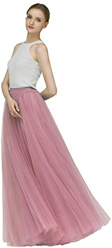 EllieHouse A Line Long Full Bridesmaid Tulle Skirt for Wedding Evening Party P68 Dusty Pink M