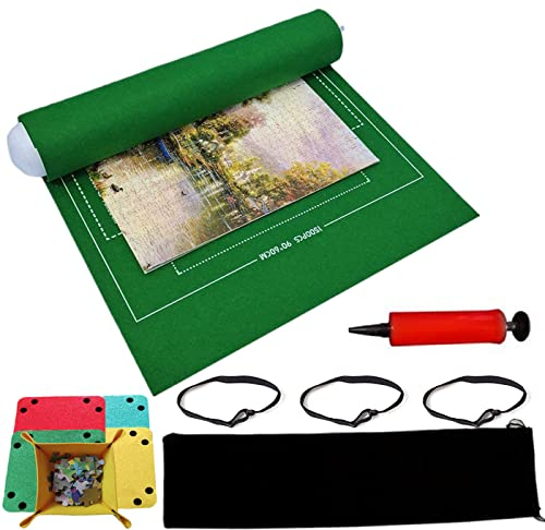 BangShou Jigsaw Mat, Puzzle Roll Mat, Portable Jigroll up to 2000/1500 Pieces Jigsaw Board, Foldable Puzzle Saver Storage Felt Pad with inflatable Pump (Green)