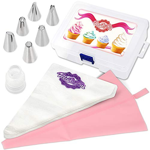 MoNiRo 108 delar. Professionellt spritstyllset i rostfritt stål för att dekorera tårtor och cupcake – 6 rostfria munstycken | 1 adapter för spritpåse | 1 spritspåse i silikon | 100 engångspåsar stor