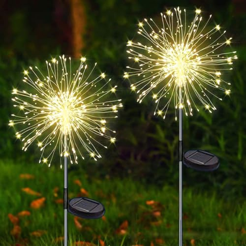 Redefun Luces solares de jardín, 2 unidades, 120 luces LED de fuegos artificiales, funciona con energía solar, 8 modos, luces solares de luciérnaga al aire libre, luces impermeables de explosión de