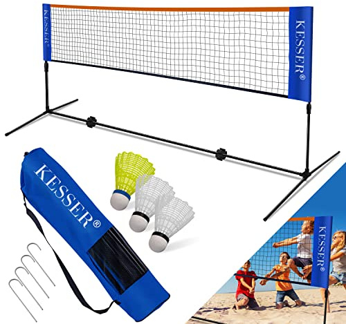 KESSER® Filet de Badminton, Filet de Tennis | 300 cm | Filet de Badminton réglable en Hauteur sur 3 Niveaux, Set Comprenant Un Filet, 3X Volants de Badminton, Bleu