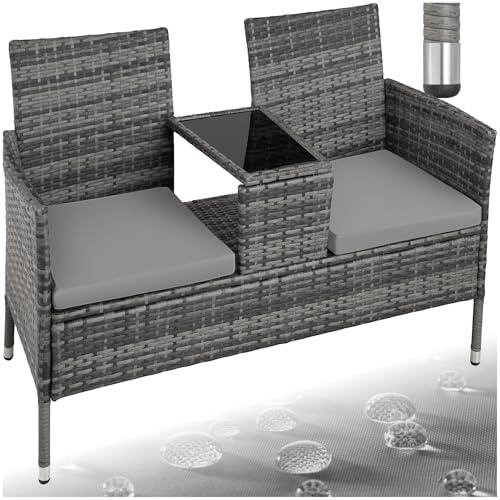 tectake® Banc d'extérieur avec Table intégrée, 133x63x84 cm, Ensemble de Salon de Jardin, Terrasse, Balcon, Résistant aux intempéries, Coussin d'assise 6 cm, Mobilier de Jardin en Rotin 2 Personnes
