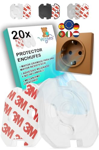 VegMai®[20 Unità] Proteggi Spina di Sicurezza per Bambini con Meccanismo di Rotazione e Adesivo 3M Ideale per Neonati, Bambini e Piccoli in Casa. Tappi Schuko Europei di Colore (TRASPARENTE)