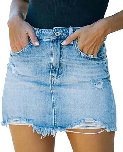 GOBLES Women's Sexy Mid Waist Zipper Closure Frayed Raw Hem Ripped Mini Denim Skirts Blue