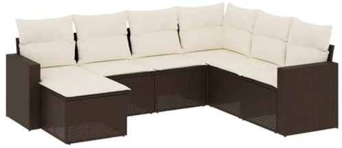 vidaXL Garten Sofa Garnitur 7-TLG., Gartenmöbel Set mit Kissen, Sitzgruppe für Garten Terrasse, Modular Gartensofa Hocker Lounge, Braun Poly Rattan