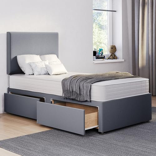 ComfoRest - 3FT Single Divan Bed with 2 Drawers & Plain 24 Headboard | Storage Frame for Compact Rooms, Customisable with Mattress (Grey Plush)