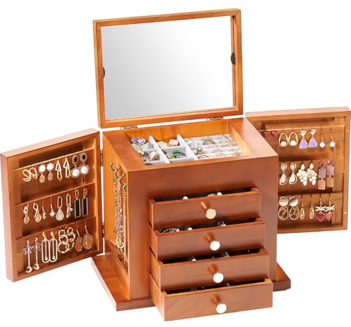 ProCase Large Jewelry Box, 5-Layer Wooden Jewelry Boxes for Women, Jewellery Holder Organizer Storage Case with Mirror for Earrings Necklace for Dresser -Brown