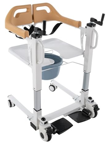 Silla de transferencia, silla de inodoro para personas mayores con ruedas regulable en altura regulable, cómoda de cama con asiento dividido de 180°, silla de transferencia para personas mayores y