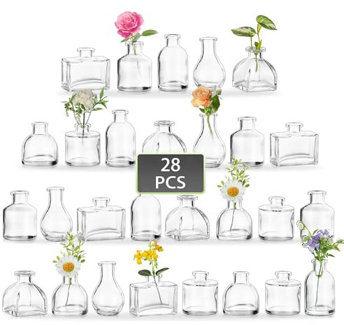 Hewory Glass Small Vase for Flowers: 28pcs Wedding Bud Vases Single Flower Vase for Table Decoration - Mini Vases Set Glass Bottles for Room Decor Home Birthday Party Baby Shower