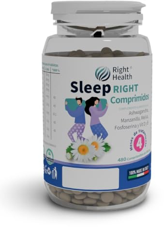 SLEEP RIGHT 480 COMPRIMIDOS: valeriana, ashwagandha, manzanilla y melisa. Suplemento para el sueño, el estrés y la ansiedad. Relajación natural sin gluten, lactosa ni alcohol.