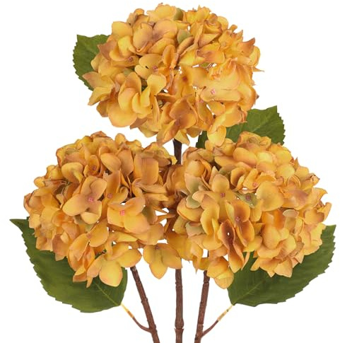 Hollyone Paquete de 3 hortensias artificiales, tallos de hortensias falsos de color amarillo dorado con flores grandes de 6 pulgadas, flores de seda de tallo largo para arreglos florales, decoración