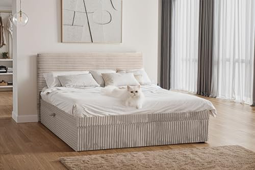 Kaiser Möbel - Bett 200x200 cm, Boxspringbett mit Bettkasten und Topper, Cord Schlafzimmerbett, Doppelbett mit Stauraum und Gepolstertes Kopfteil, Toppermatratze aus Viscoschaum - Trento - Beige