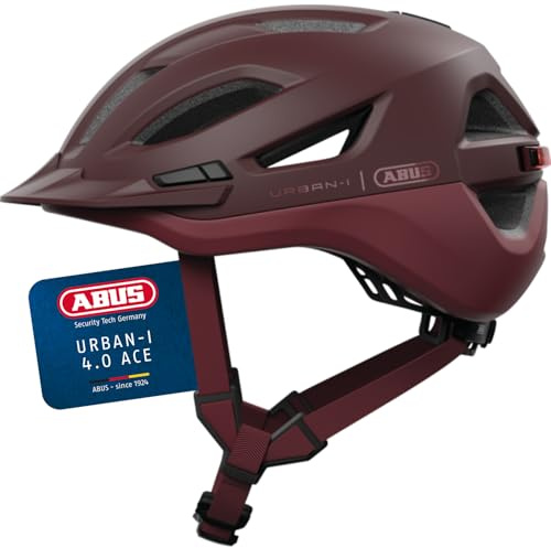 ABUS Stadthelm Urban-I 4.0 ACE - Fahrradhelm mit aufladbarem Rücklicht, 4 Leuchtmodi, Schirm, Zopf-Öffnung und magnetischem Verschluss - für Jugendliche, Frauen und Männer - Größe S, rot