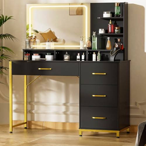 COMHOMA Vanity Desk with Mirror and Lights, Makeup Vanity Table with 4 Drawers & Storage Shelves, Large HD Mirror, 3 Color Modes & Adjustable Brightness, Modern Dressing Table for Bedroom, Black