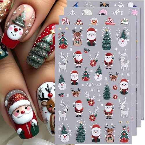 Muorruo Lot de 4 autocollants de Noël pour ongles, Père Noël Arbre, autocollants pour ongles de Noël, flocons de neige en relief 5D, bonhomme en pain d'épices, gâteau, autocollants pour ongles de