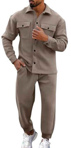 Generisch Herren-Trainingsanzüge, 2-teilig, leicht, für Herren, lässig, mit Ringdruck, Jacke Hose, zweiteilige Trainingsanzüge, Taschenmantel (Khaki, XXL)