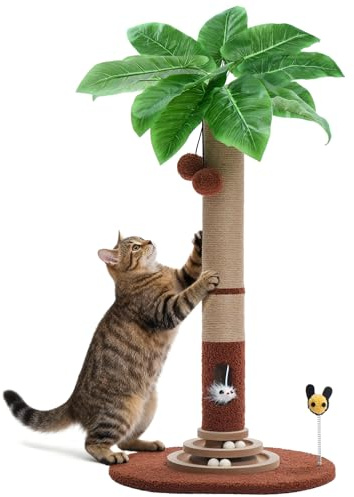 Made4Pets 35 Tall Cat Scratching Post with Sisal Rope, Interactive Hanging Balls, Toy Mouse and Two-Layer Ball Track Cat Toys, Palm Tree Cat Scratcher Tower for Indoor Cats and Kittens
