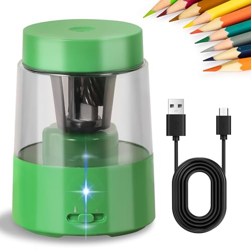 ZMOL Sacapuntas eléctrico, sacapuntas automático profesional con contenedor, parada automática, sacapuntas recargables para lápices de colores (6-8 mm), aula, oficina, hogar, color verde Z