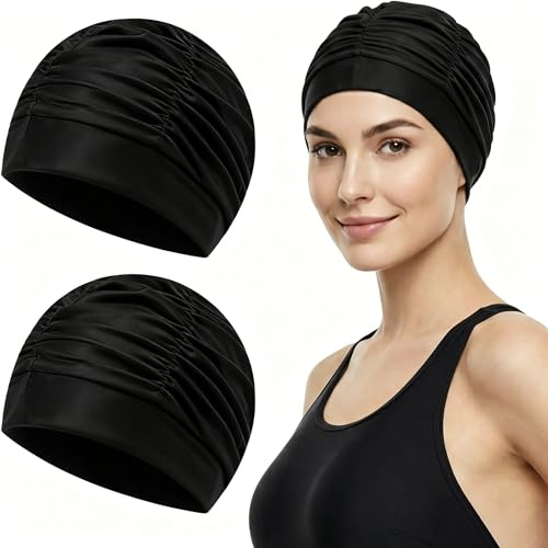 Set di 2 Cuffie da Nuoto per Capelli Lunghi, Cuffia Piscina in Poliestere Elastico e Traspirante, Protezione dei Capelli e del Cuoio Capelluto Sensibile, Nero