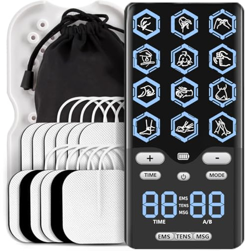 Electroestimulador Muscular, 3 en 1 TENS EMS Masaje Tens Electroestimulador | con 12 Modos 36 Intensidades 12 Electrodos, Doble Canal Independiente, USB Recargable, Tens Machine for Pain Relief