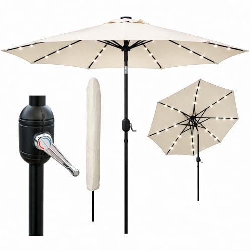 GlamHaus Garden Parasol Tilting Table Umbrella, LED Solar Lights, 2.7m, UV40+ Protection, Additional Parasol Protection Cover, Gardens, Patios (Cream)