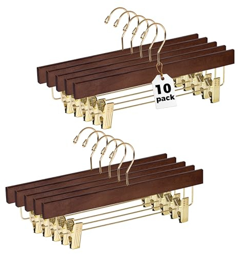 Quality Hangers Wooden Pants Hangers - 10-Pack Swivel Hook Cloth Hanger Set - Lotus Wood Skirt, Pant, Shorts and Slack Hangers with Adjustable Clip (Walnut - Gold Hook, 10)