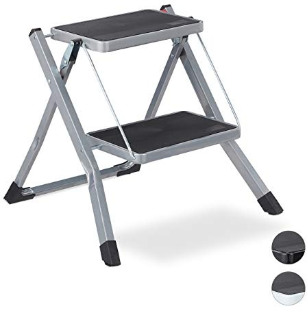 Relaxdays Escalera Plegable 2 Peldaños, Escalerilla Cocina, Doméstica, Antideslizante, Hierro, 45 x 50 x 50 cm, Gris