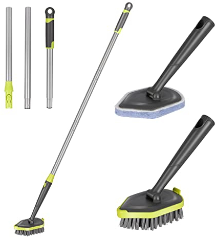 Masthome 2 in 1 Schrubber mit Stiel, 118 cm Langem Griff Reinigungsbürste Bad, Dusch Schrubber Bad und 2 Scheuerschwamm Bürstenkopf, Bodenschrubber für Fliesen Kalk,Terrasse, Badezimmer, Wanne