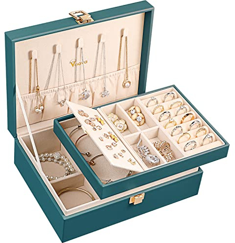 Voova 2-Layer Jewelry Box Organizer, Jewellery Storage Case Bluish-green | PU Leather Jewlerrying Display Holder for Women Girls with Removable Tray Ring Earring Bracelet Necklace Holder