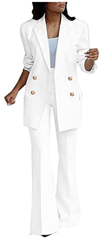 Women's Two-Piece Plain Trouser Suit Set - Long Sleeve Notched Double Breasted Blazer Jacket + Bootcut Pants - Solid Work Business Office Casual Smart Set - Ladies UK Clearance White