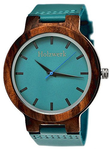 Holzwerk Germany Handgefertigte Designer Damen-Uhr Herren-Uhr Öko Natur Holz-Uhr Leder Armband-Uhr Analog Blau Türkis (...Türkis...)