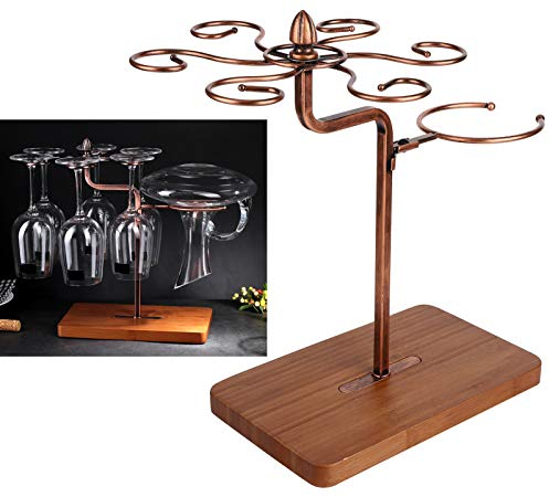 Porta copas de vino de mesa, soporte para vino y copas con 6 ganchos, porta copas de vino de hierro forjado para cocina, salón, comedor y bar (bronce)